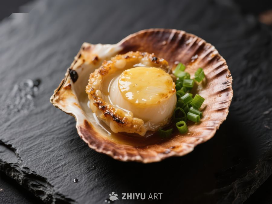 扇贝壳中的煎制海鲜配葱花