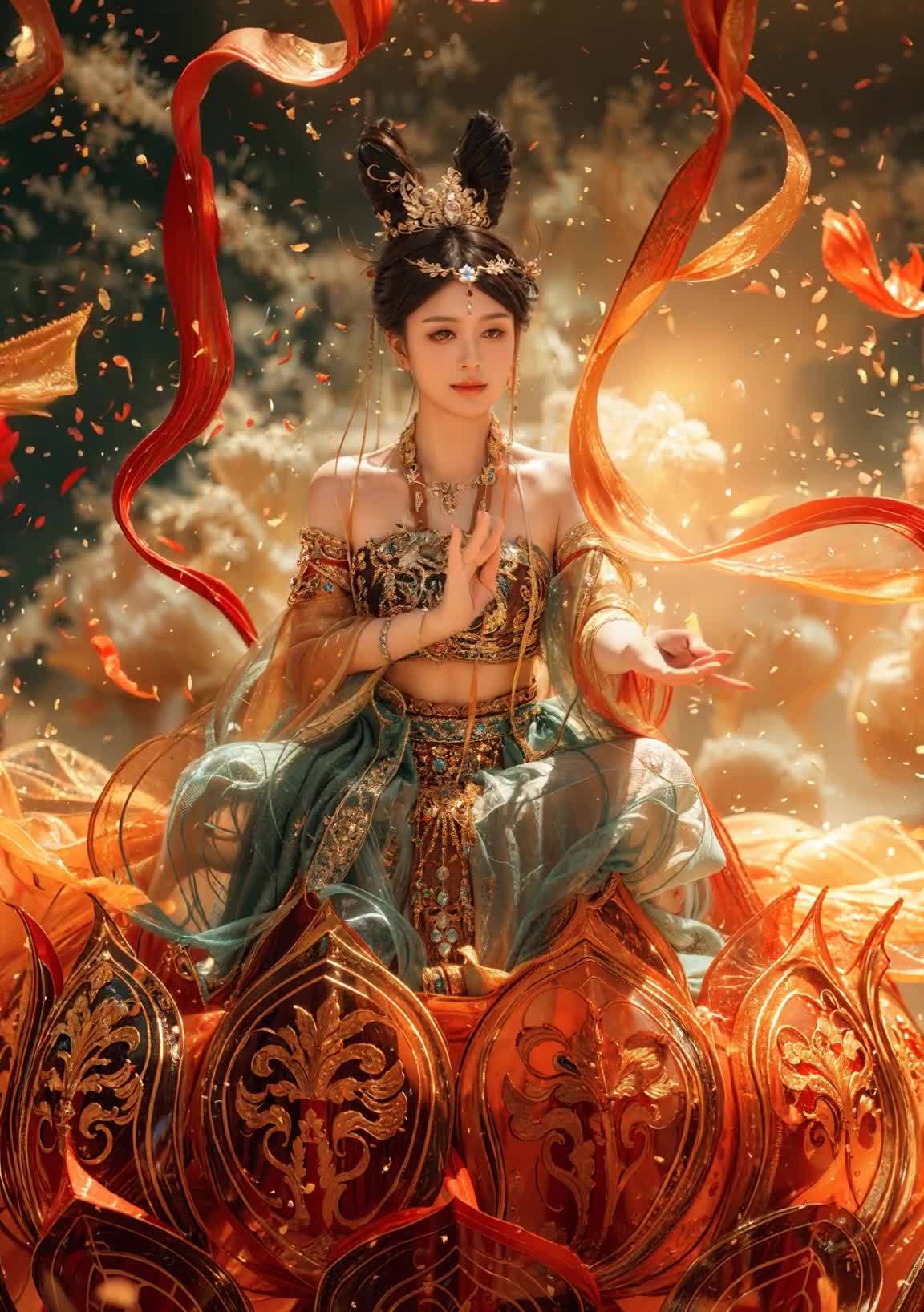 一位身着华丽服饰的女性缓慢地看向镜头，她的头上戴着