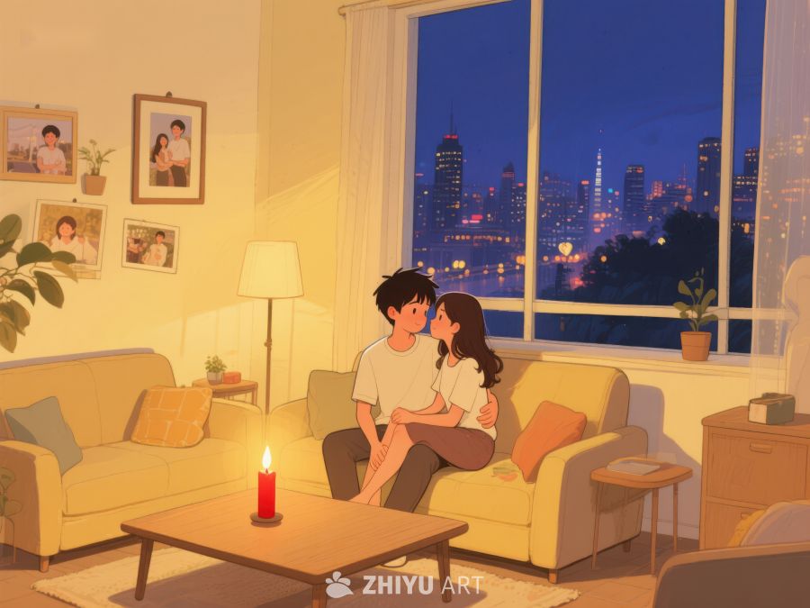 温馨夜晚，情侣客厅相拥 842