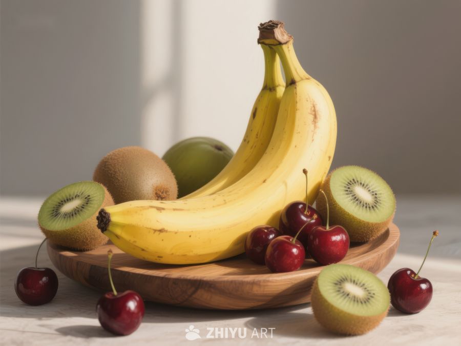 香蕉、猕猴桃与樱桃的静物组合 469