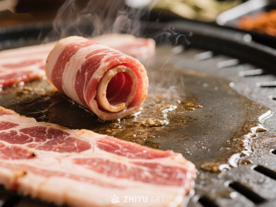 烤肉盘上的五花肉卷