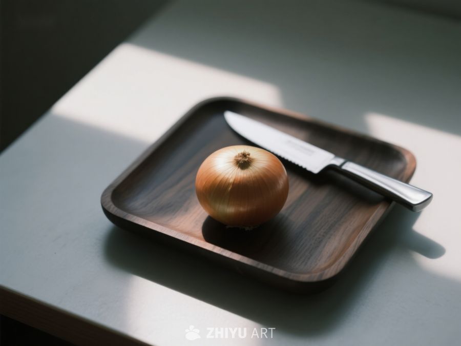 洋葱与刀置于木质托盘 592