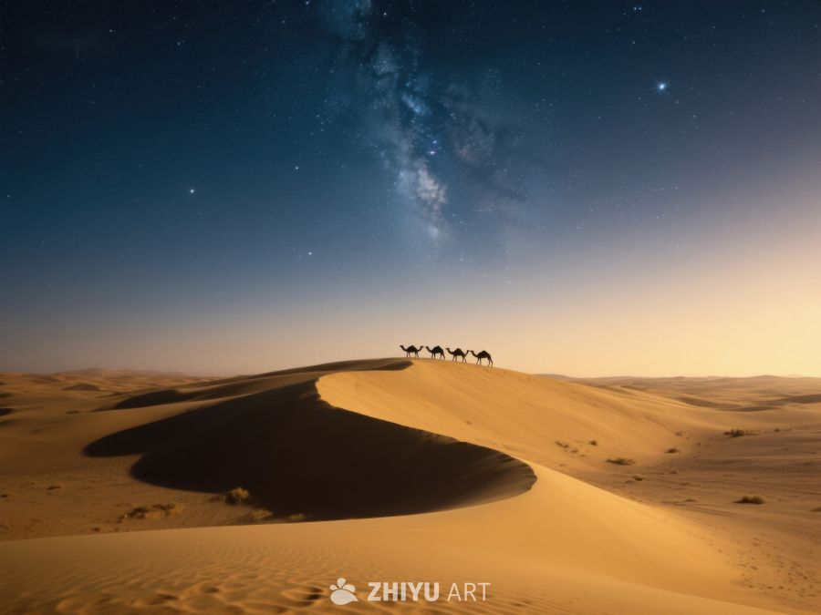 沙漠夜景：骆驼队与银河 72