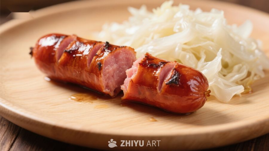 烤香肠配酸菜，木盘盛装