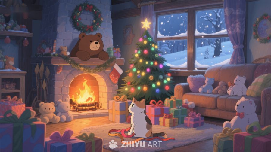温馨圣诞夜，猫咪与礼物 306