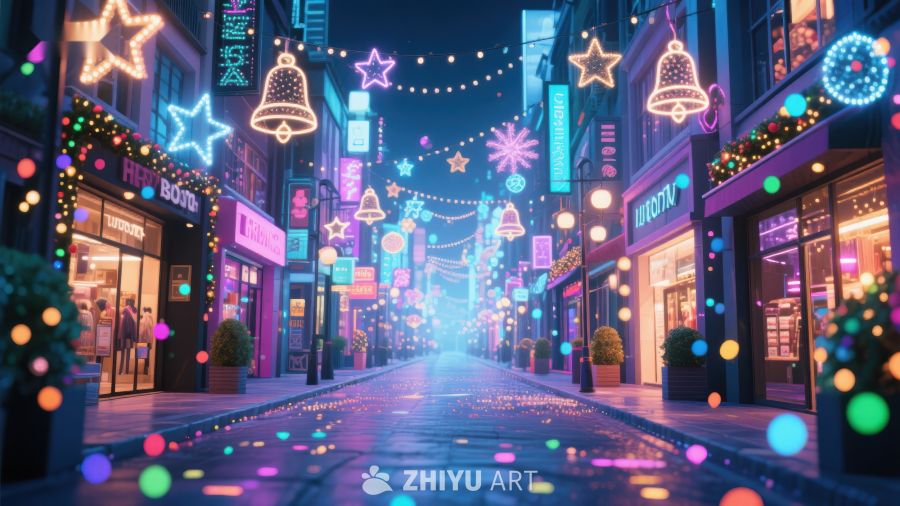 霓虹灯下的节日街头夜景 326