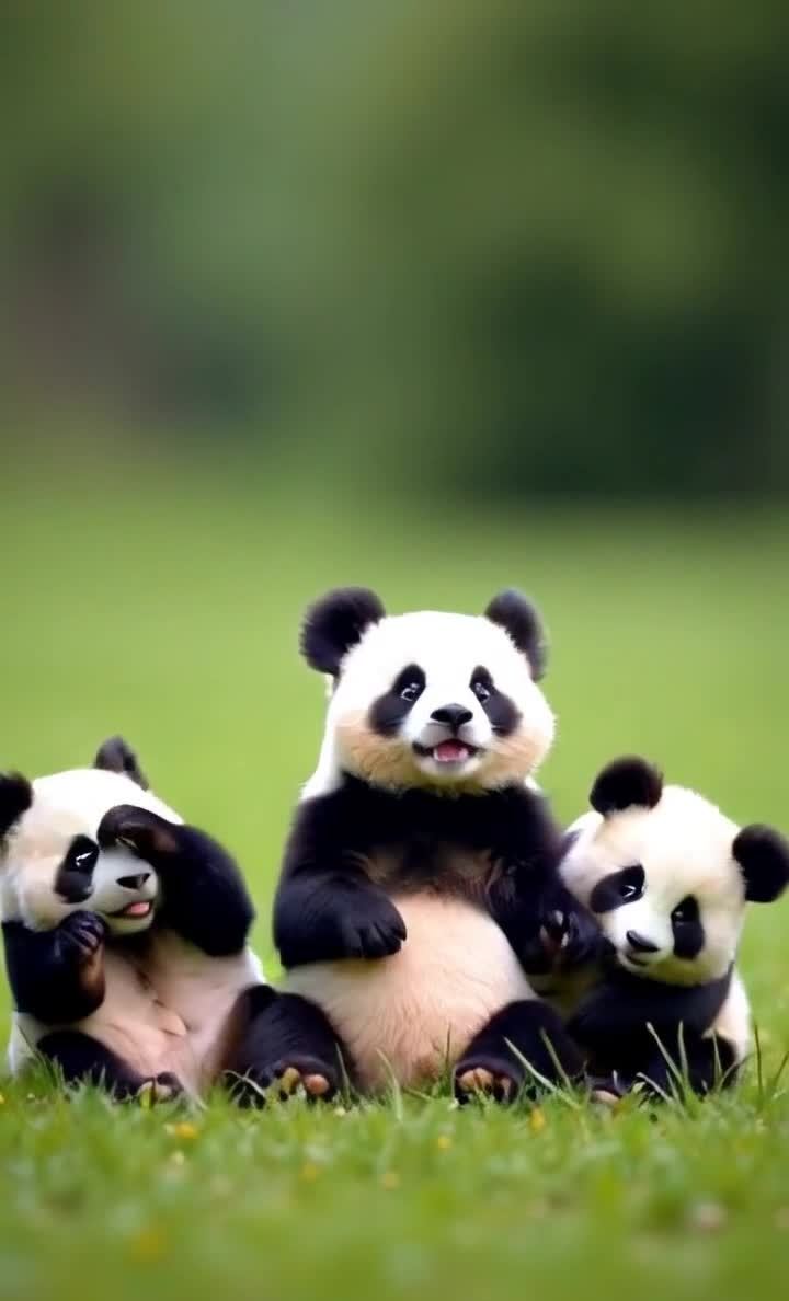 三只熊猫幼崽坐在绿色的草地上，中间一只体型稍大，两