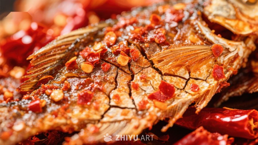 香辣烤鱼，辣椒点缀的美味佳肴