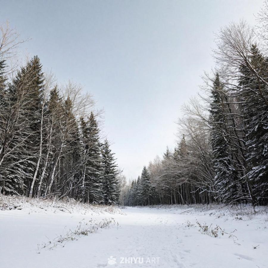 一片雪景，一条雪路被一排树木环绕。树木高大，呈现出