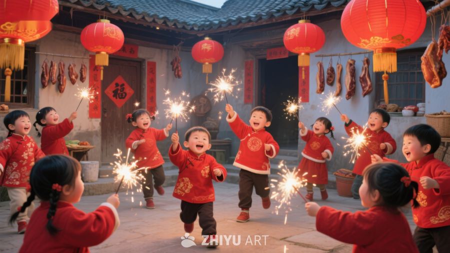 孩童欢庆新年，手持烟花笑颜 269