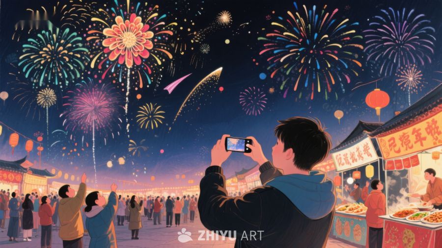 夜空烟花绽放，人群欢庆节日 1222