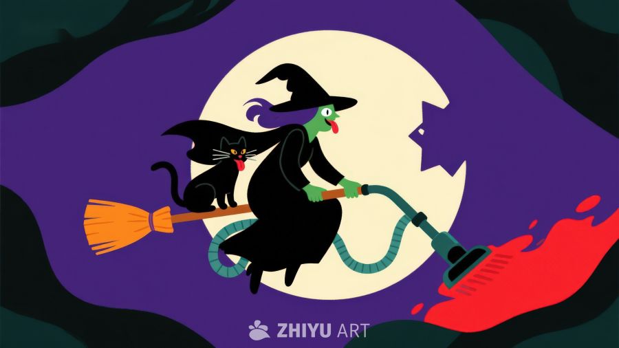 巫师骑扫帚与黑猫夜空飞翔