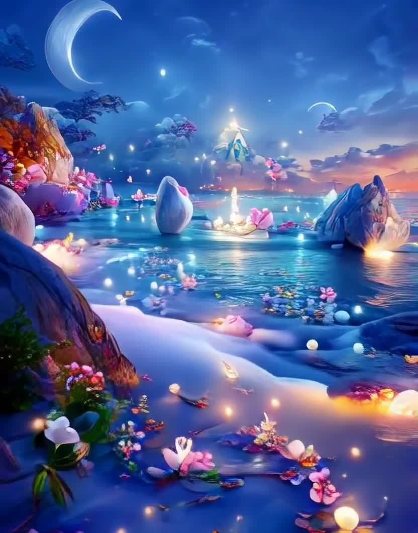 月夜下水面倒影，鲜花与发光体，梦幻场景。