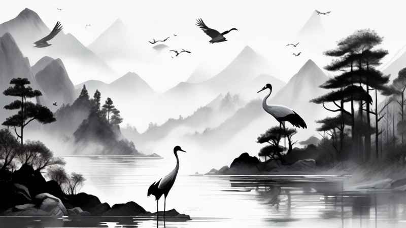国风山水鹤插画背景 34