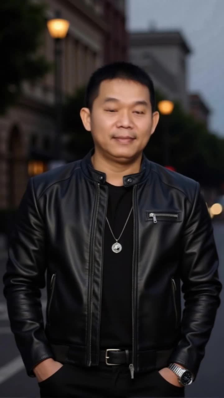 一名男子身穿黑色皮夹克，双手插在口袋里。他脖子上戴