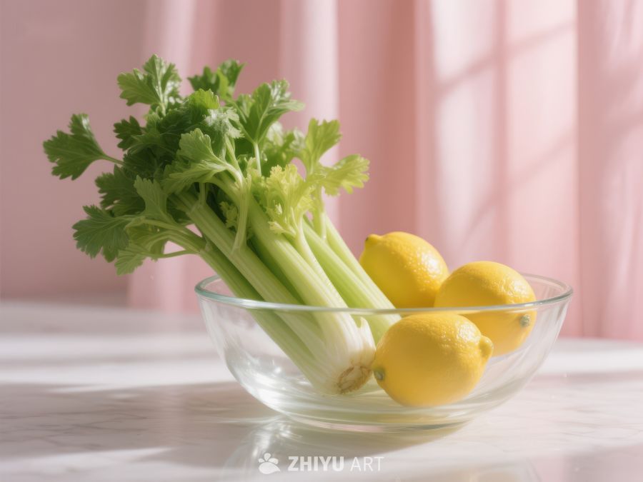 芹菜与柠檬置于透明碗中 330