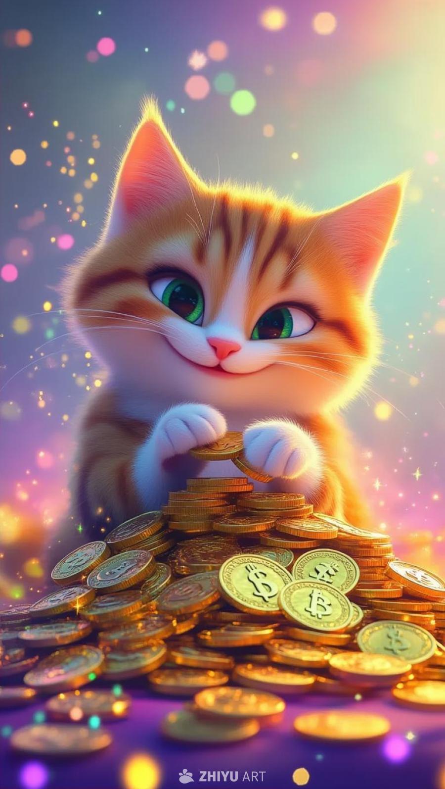一只卡通风格的小猫正在数钱。小猫是橙色和白色的，有
