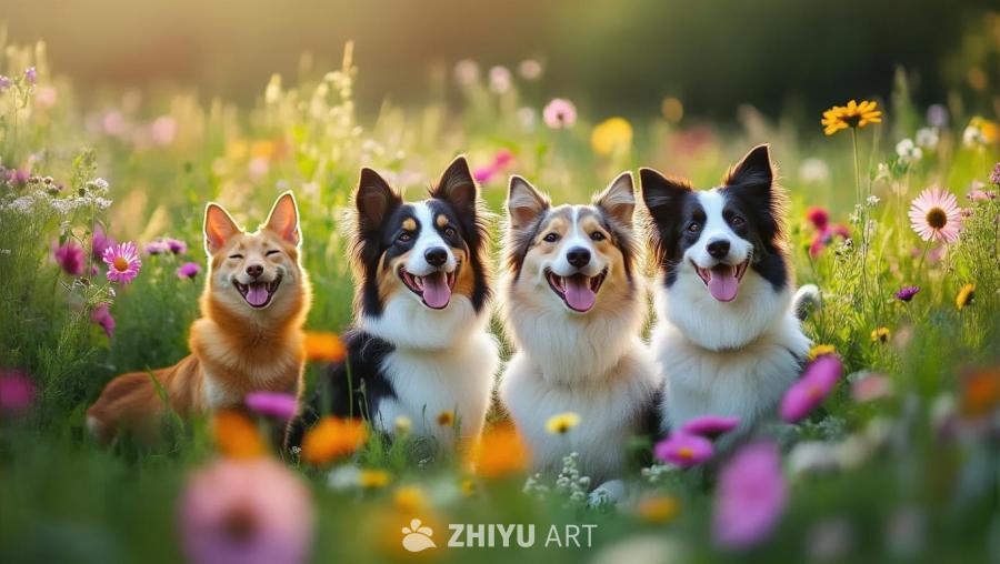 背景为舒缓的音乐，画面中是获救的宠物——在花丛中玩
