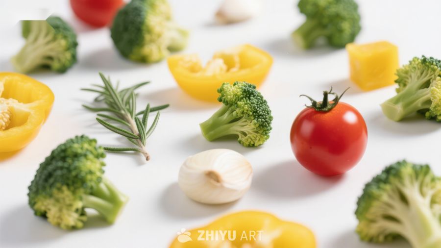 新鲜蔬菜与香料的静物组合