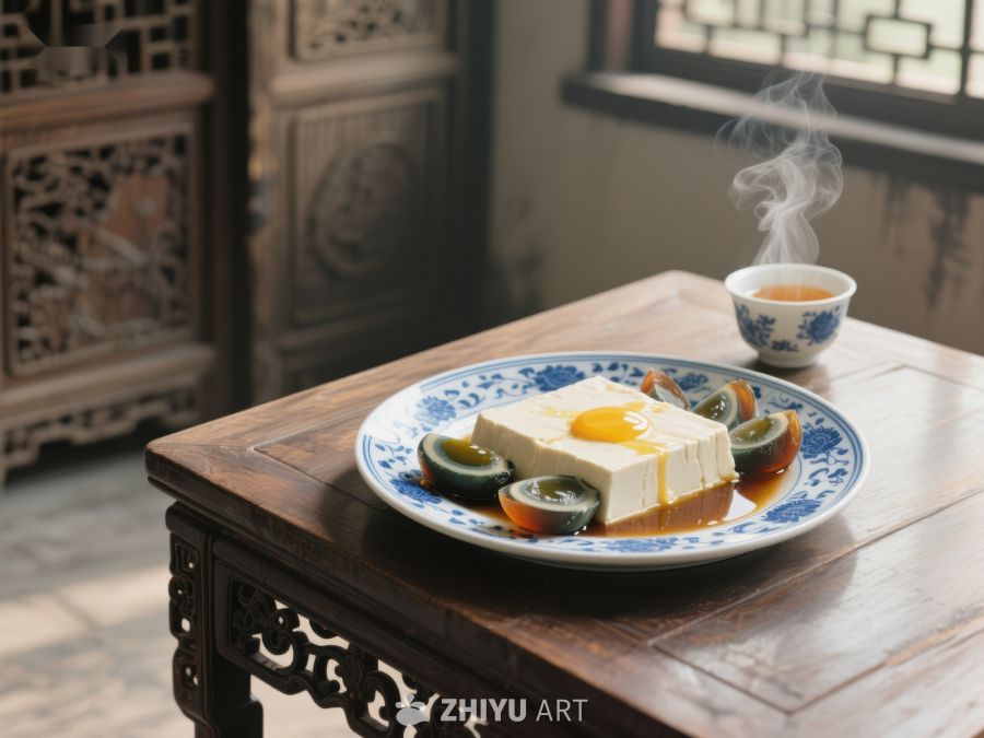 传统中式餐桌上的蒸蛋与茶 97
