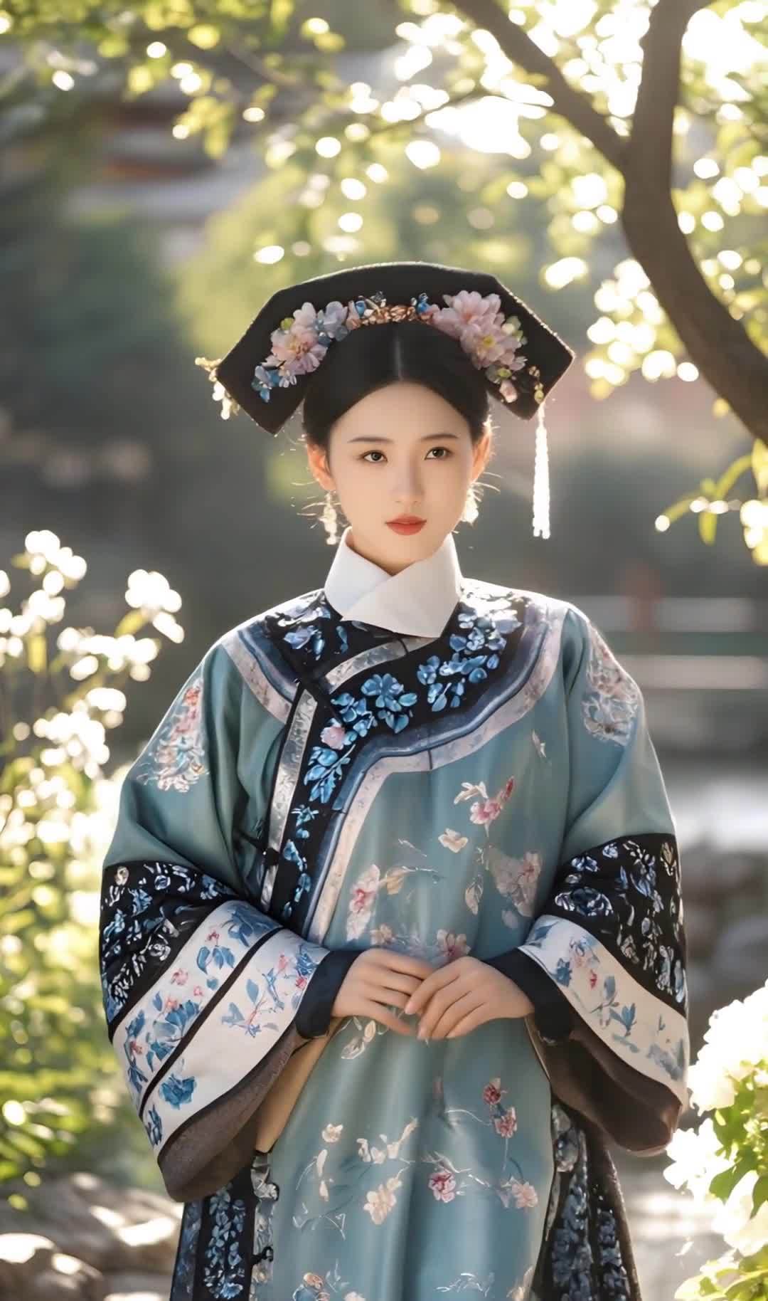 一位身穿青绿色绣花长袍的女子，头戴黑色花饰头冠，站