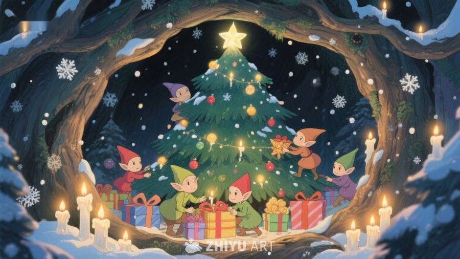 精灵围绕圣诞树庆祝节日 146