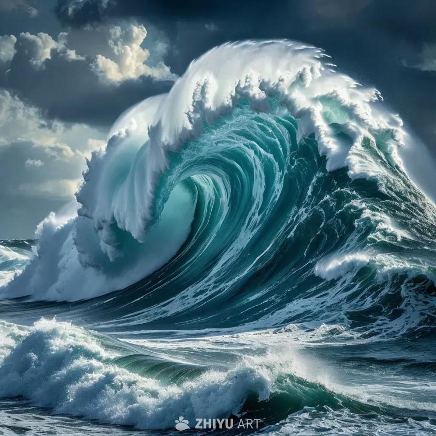 海面上涌起巨大的海啸，巨浪在海面上翻滚，海浪的波峰