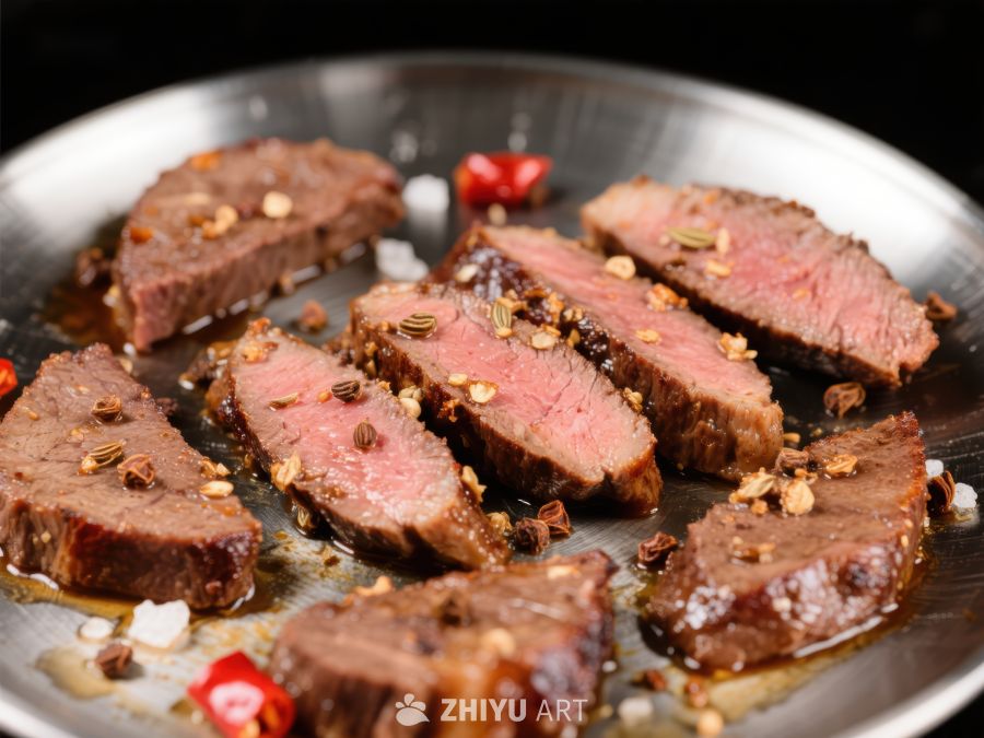 煎制牛肉片，撒有香料和辣椒