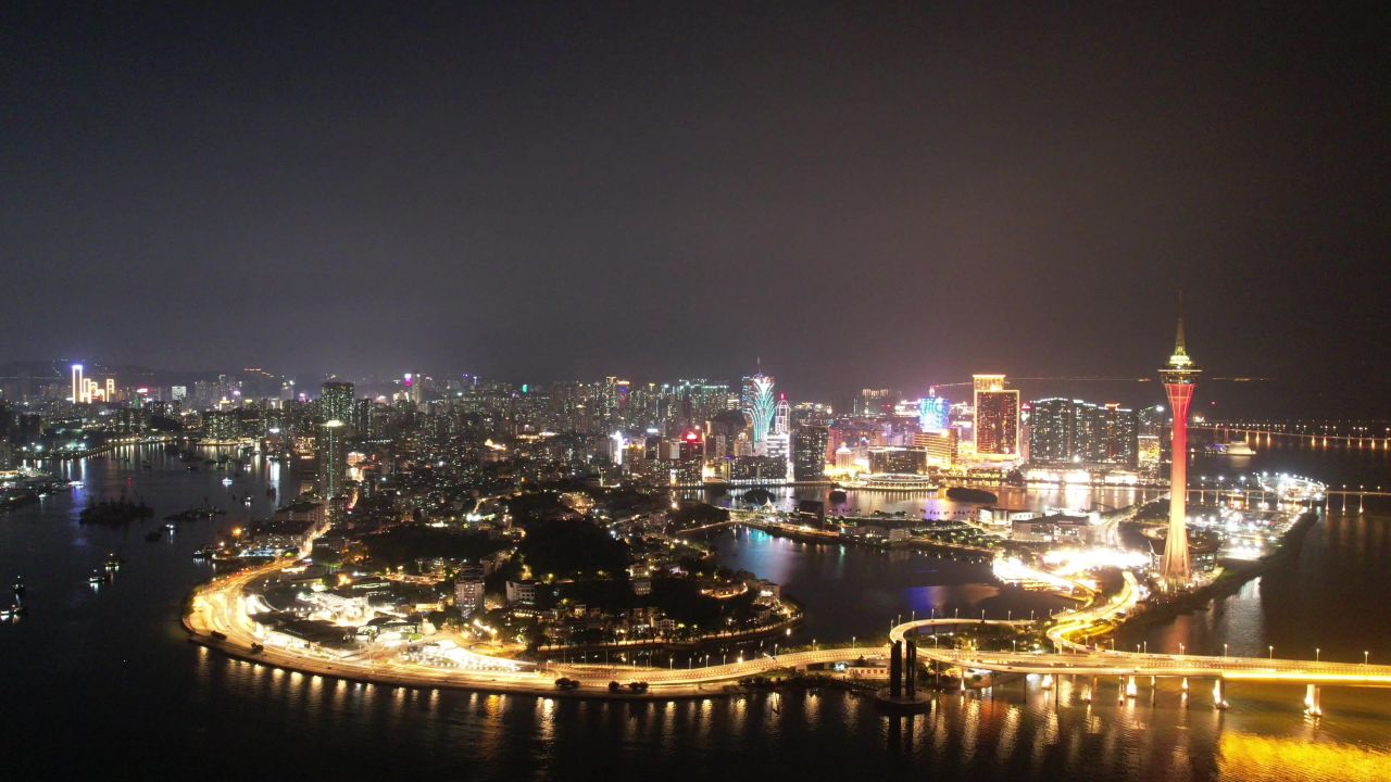 澳门城市夜景灯光航拍 