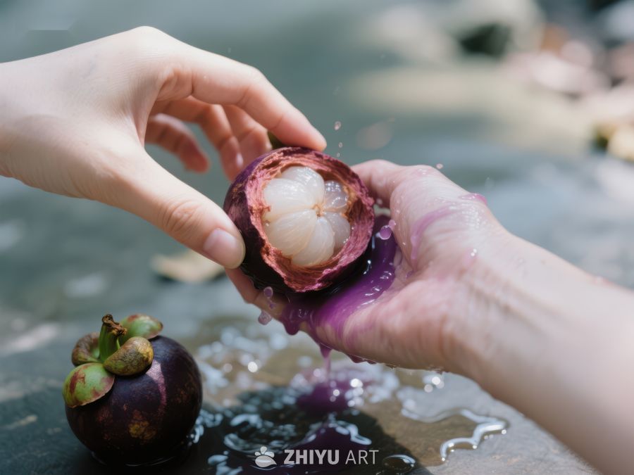 手剥紫红色果皮，露出白色果肉 510