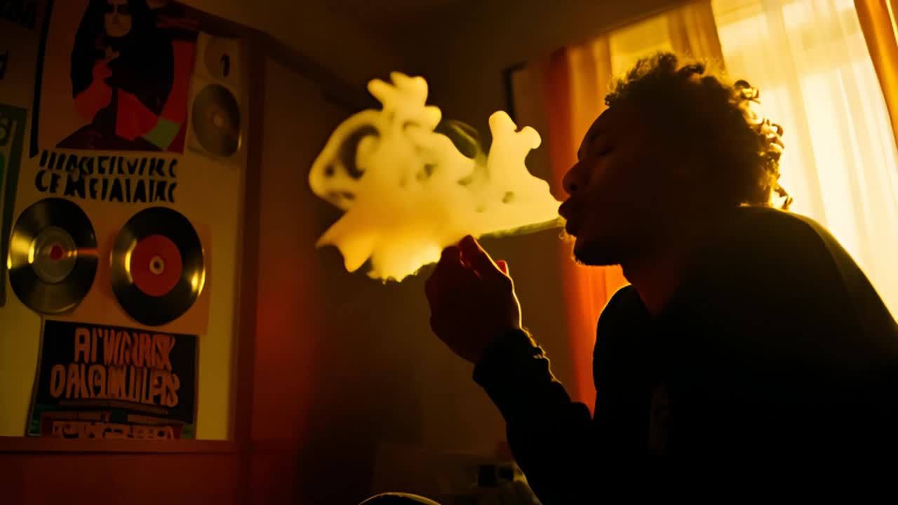 在昏暗的房间里，一个人正在吸烟，周围墙上贴着雷鬼海