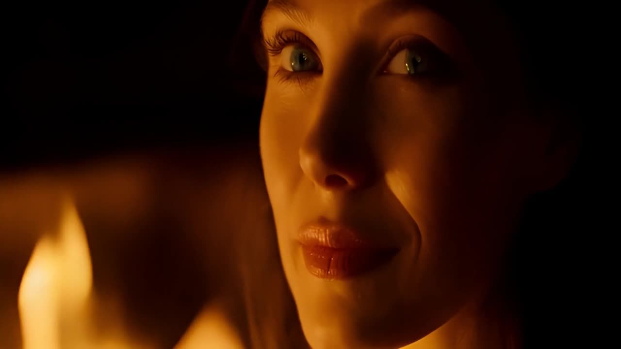 一个有着浅蓝色眼睛的女性注视着远方，背景光线昏暗，