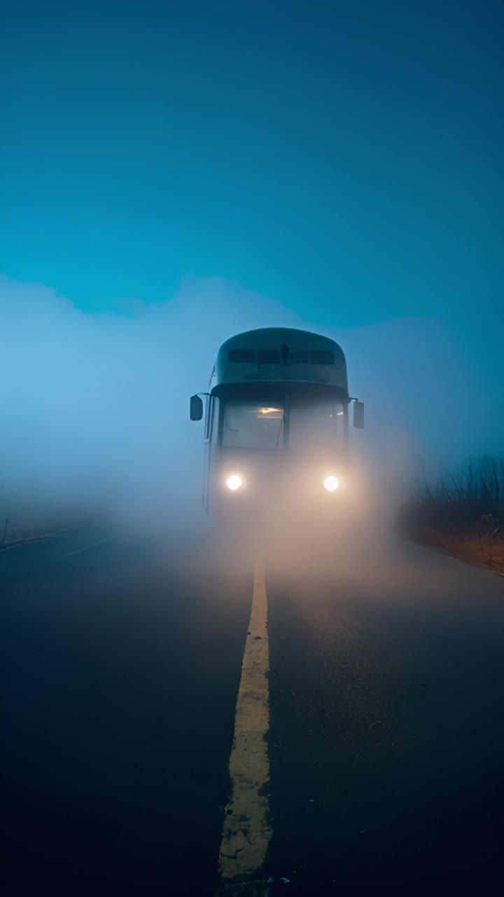 一辆破旧的复古巴士从浓雾中驶出，在空无一人的道路上