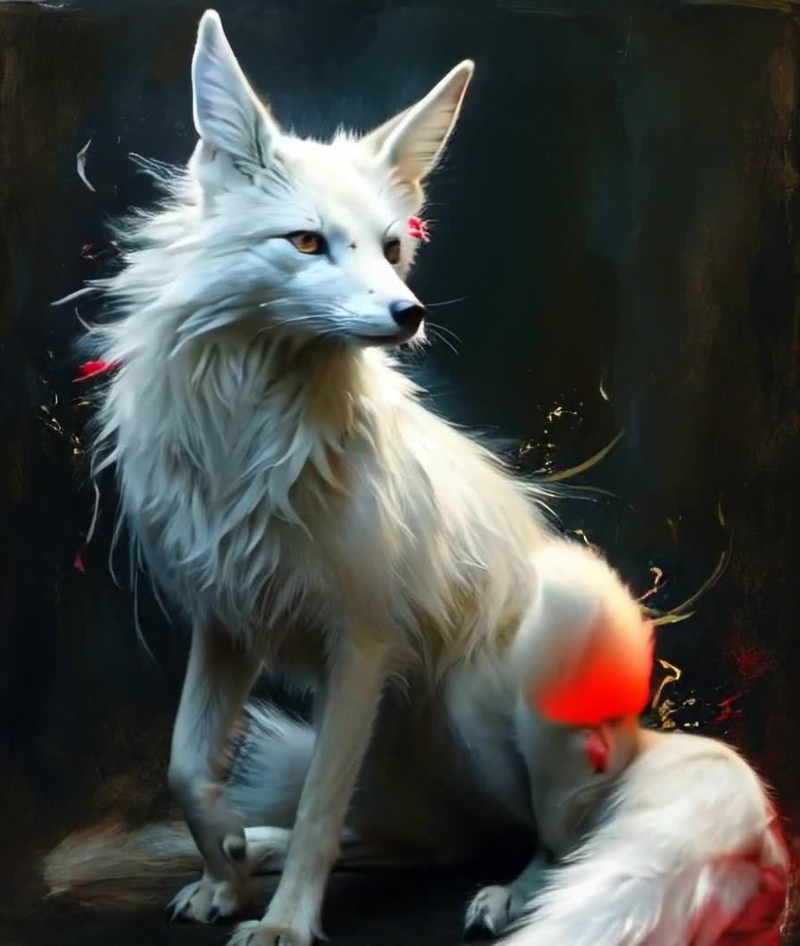 一只白色的狐狸坐在深色的背景前，它的眼睛是金色的，