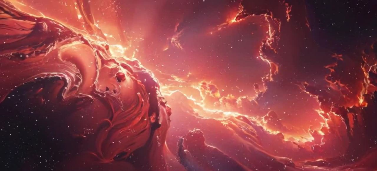 宇宙中，红色和橙色的光芒照亮了星云。星云的形状在图