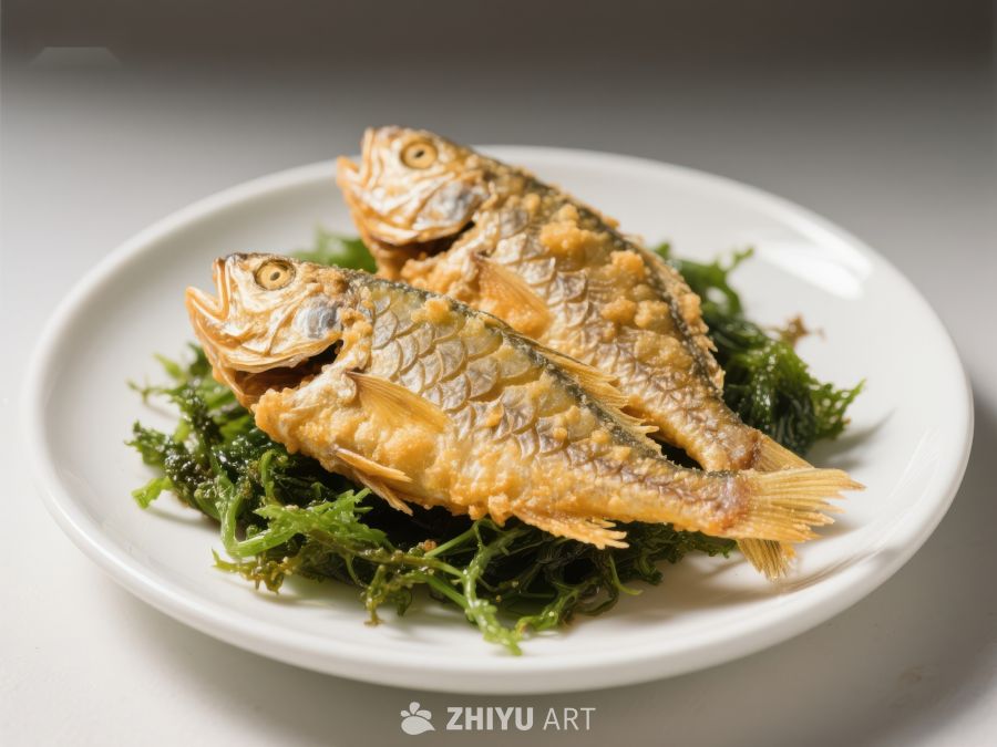 金黄酥脆的煎鱼配海藻 363