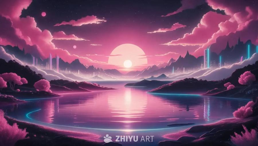 湖面平静，倒映着粉色天空中的一轮圆日。湖岸两侧是植
