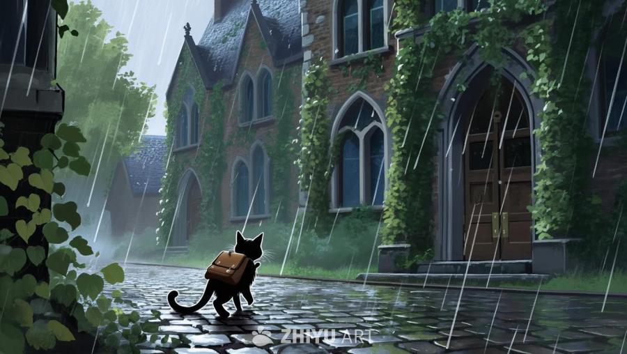 一只黑猫背着棕色小背包走在下着雨的鹅卵石路上。背景