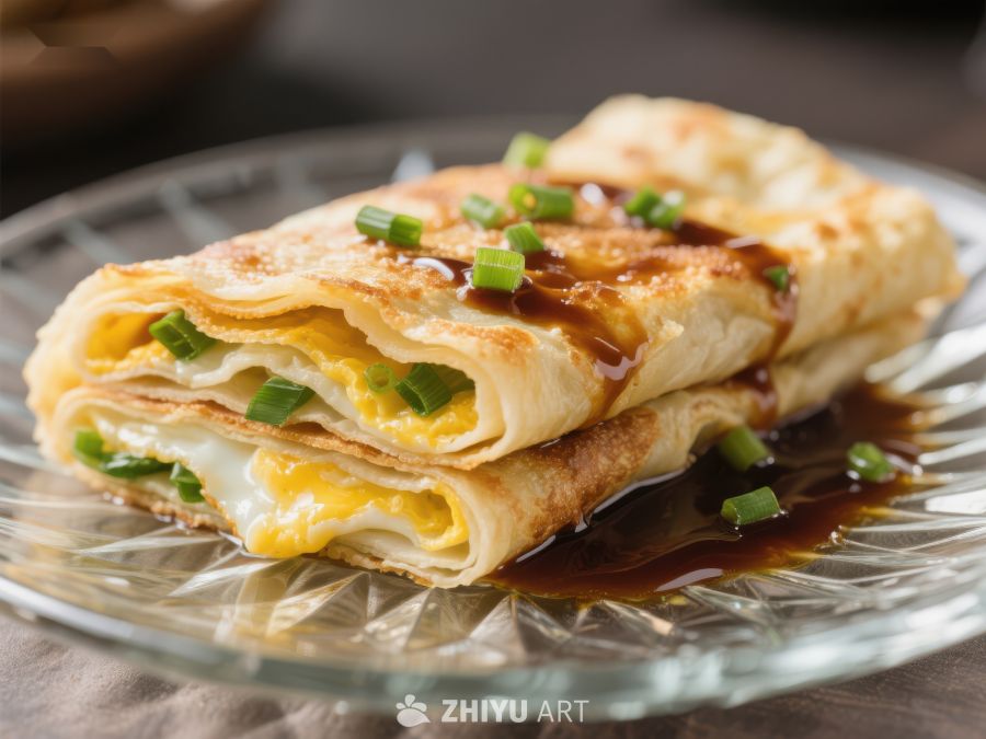煎饼果子配酱料，美味早餐 376
