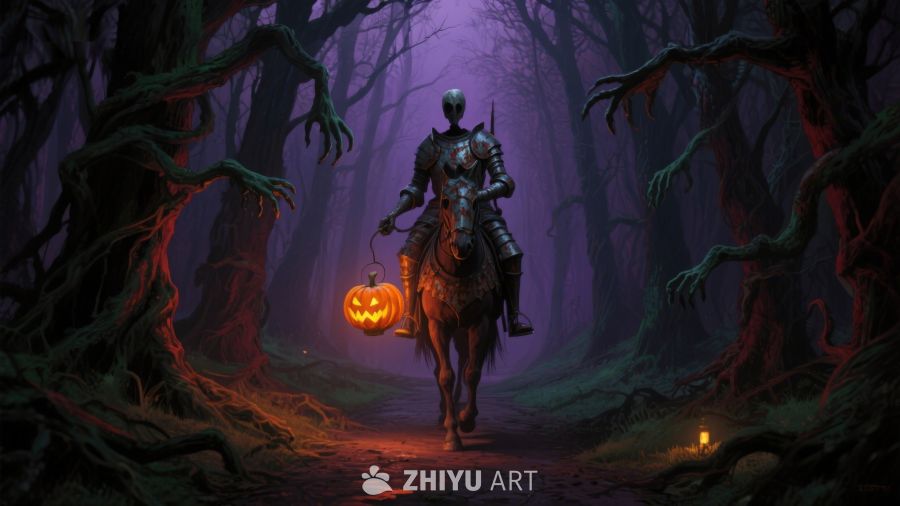幽暗森林中的骑士与南瓜灯