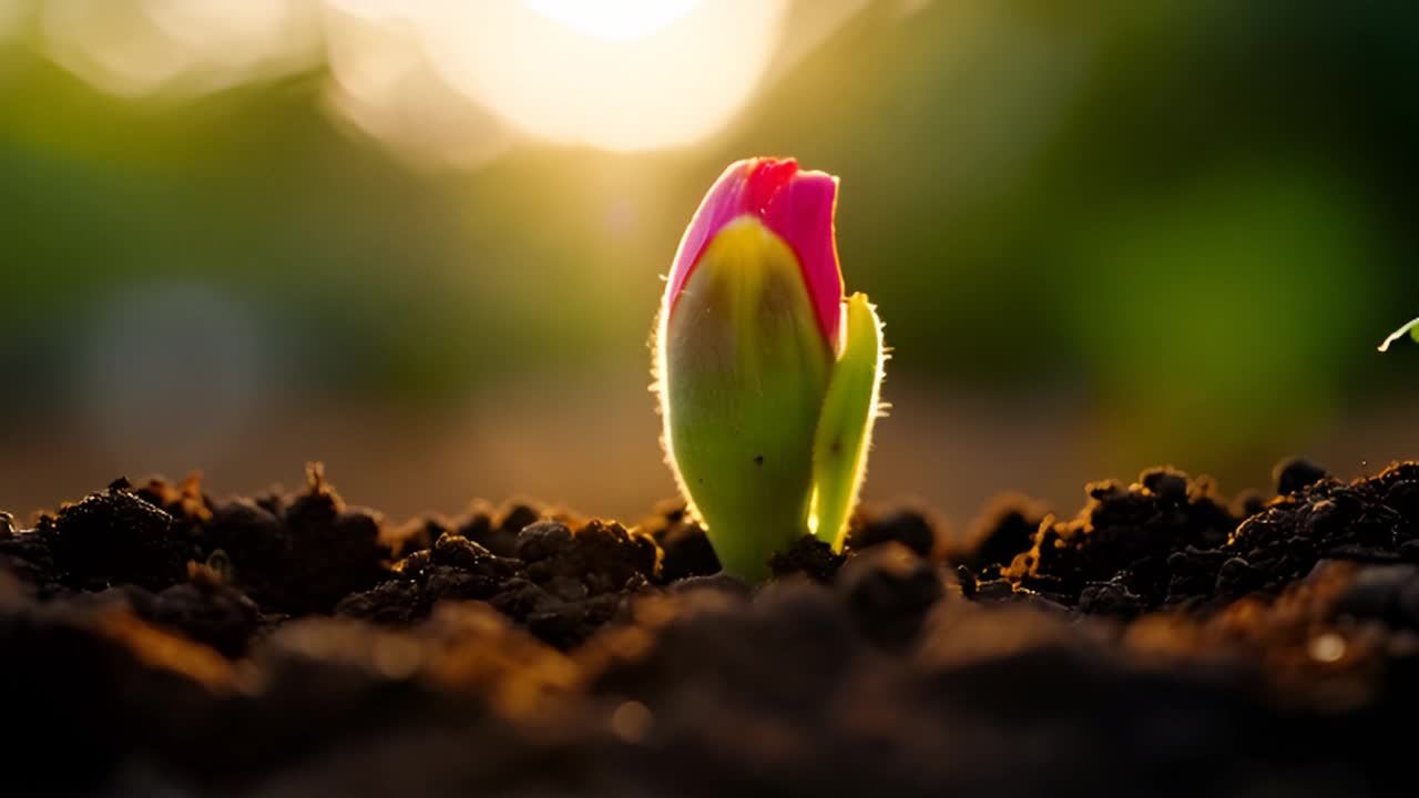 一个花苞在深色的肥沃土壤中，在柔和的阳光下生长。花