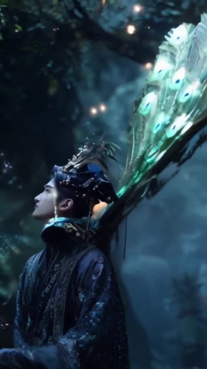 孔雀羽冠男子夜林仰望星光