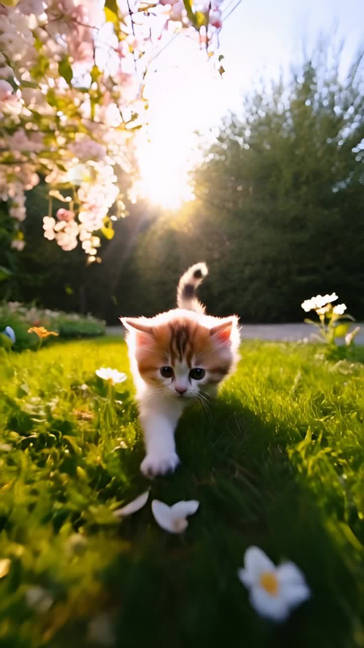 一只小猫在长满绿草的草地上行走，周围有开花的植物和
