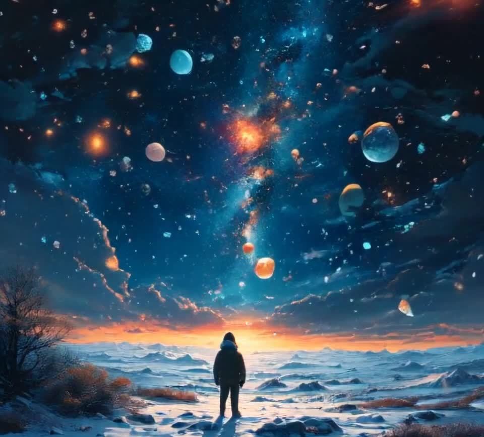 雪地伫立的人仰望梦幻的星空，陨石飞舞。