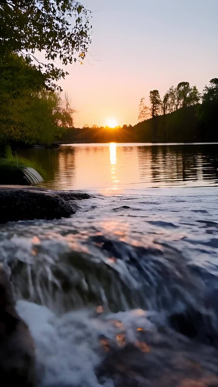 夕阳西下，太阳在地平线上发出金色的光芒。水流缓慢地
