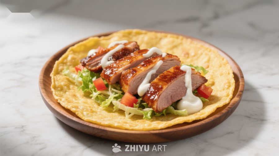 脆皮鸭肉配蔬菜沙拉卷