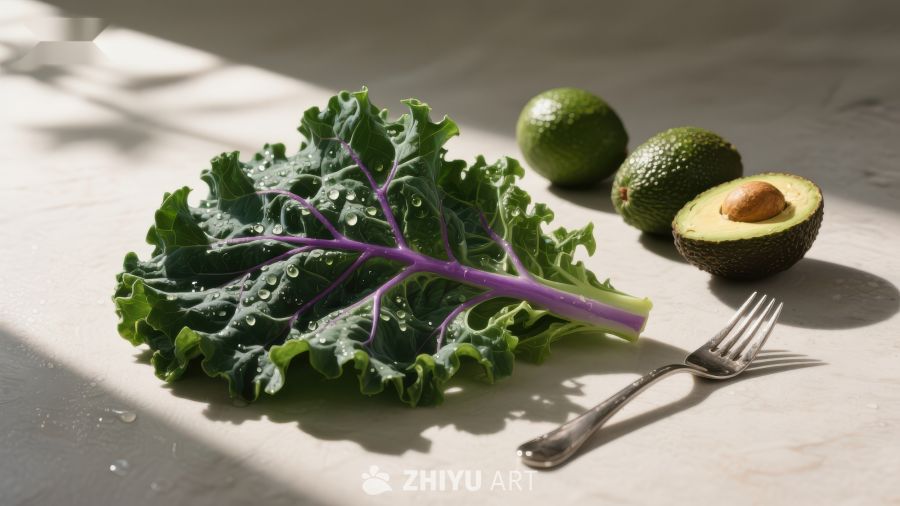 新鲜羽衣甘蓝与牛油果静物图