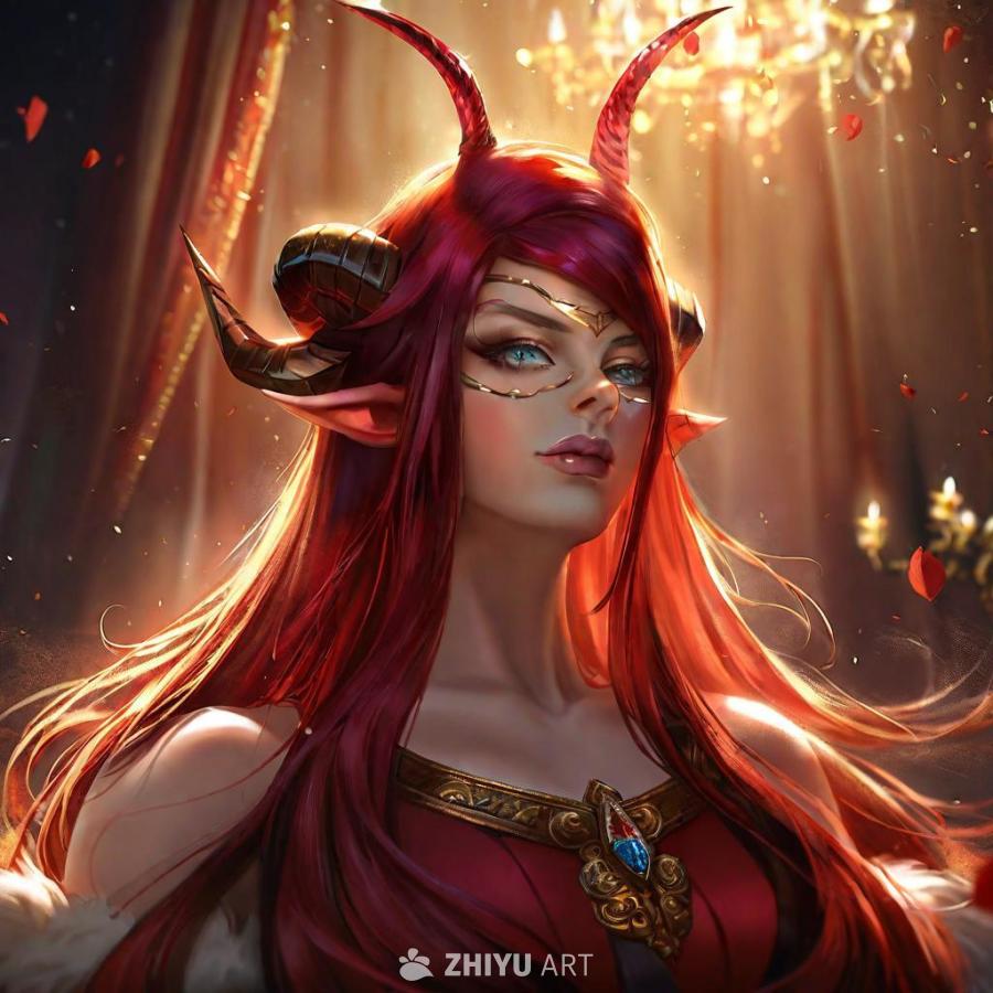 一位美丽的女子，头顶红色恶魔角，面容略带恶魔特征。