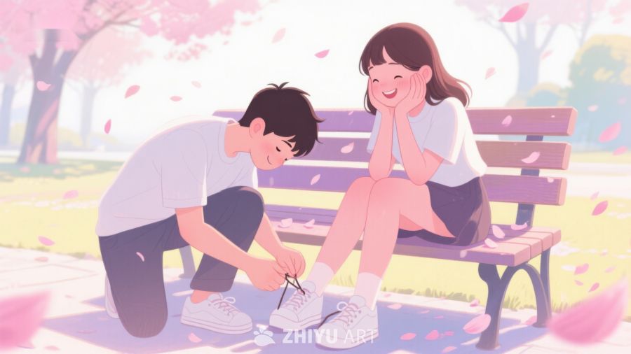 公园长椅上温馨互动的男女 195