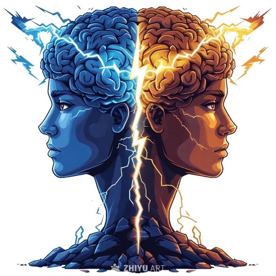 两个头侧面相对，左侧的头是蓝色，右侧的头是棕色，两